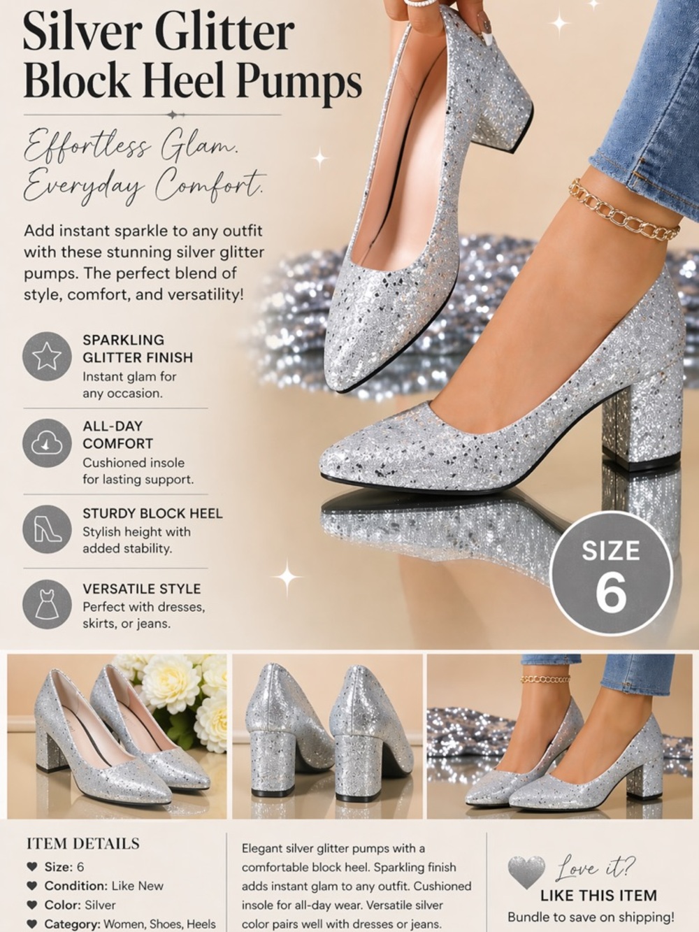 Silver Glitter Block Heel Pumps for Women